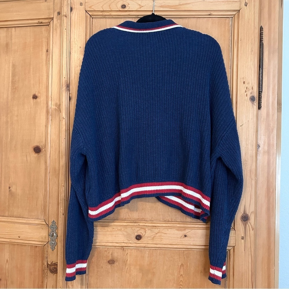 American Eagle Outfitters Women’s Navy Varsity Cardigan Cropped Sz L - Picture 3 of 6
